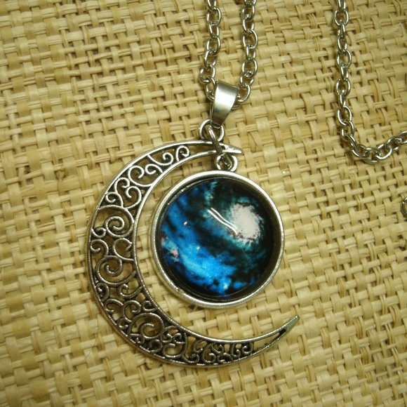 Sacred Journey Designs Jewelry - Crescent Moon with Galaxy Cabochon Dangle Necklace
